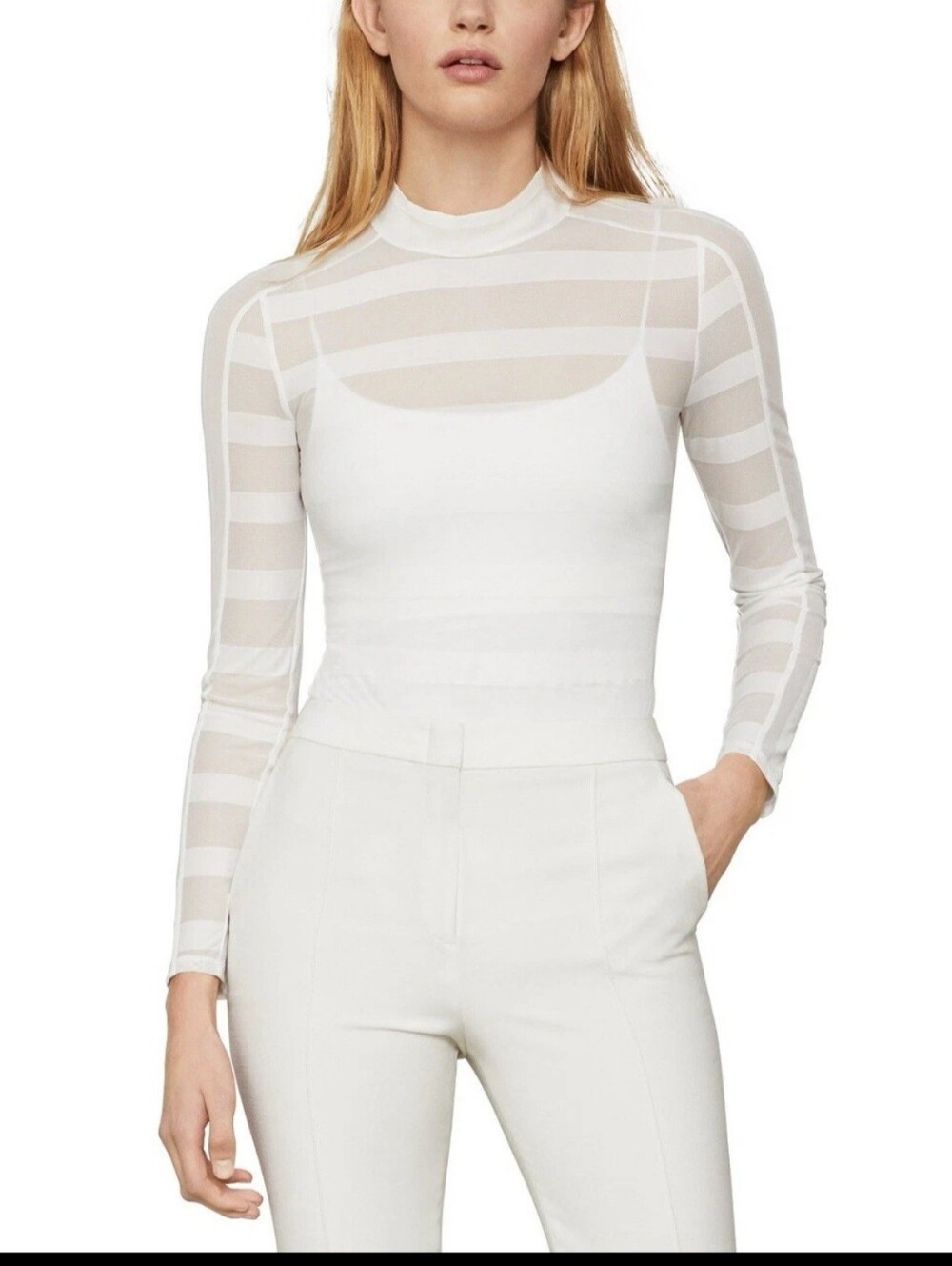 BCBG MaxAzria White Striped Sheer Mock-Neck Bodysuit Top Long Sleeves XXS